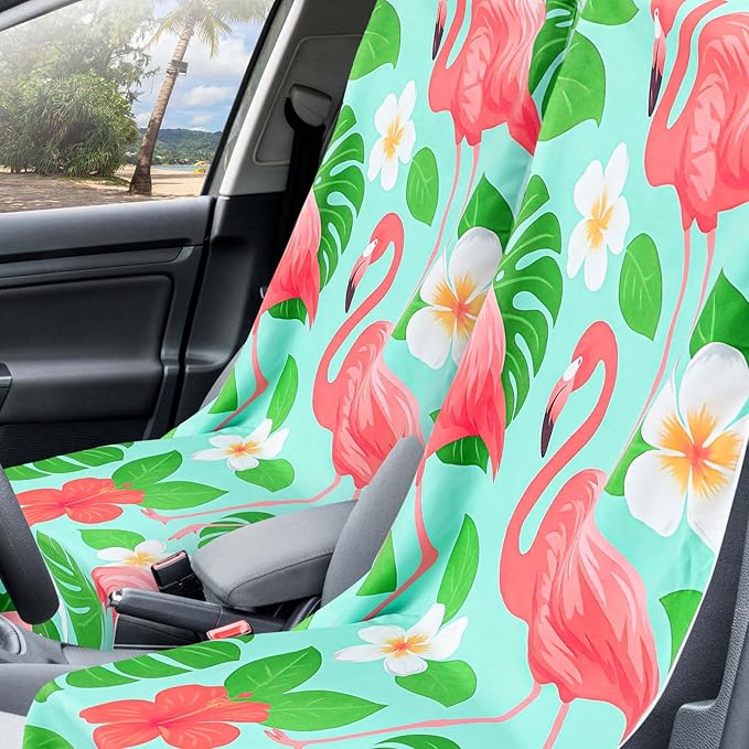 2 Pack Car Seat Towel Covers with Storage Bag 63 x 32 Inch Athletic Running Towel Seat Sweat Washable Non Slip Cover Gift for Car Outdoor Sport Activities (Green Leaf Flamingo)