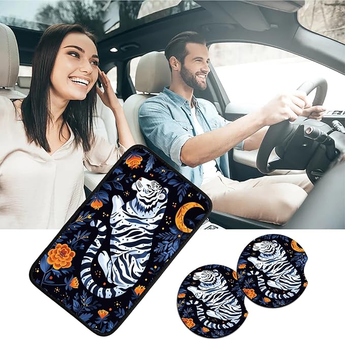 Car Armrest Cover Pads Universal Fashion Cute Auto Center Console Armrest Cover Pad with 2PCS Car Coasters Soft Waterproof Car Armrest Seat Protector for Women, Tiger Moon