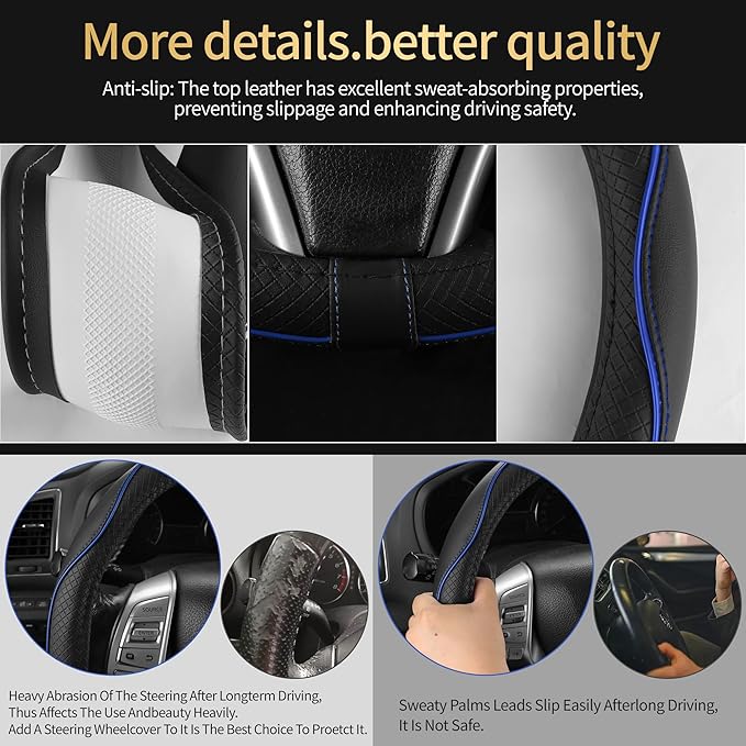 Steering Wheel Cover,Anti-Slip, Safety,Soft,Breathable,Heavy Duty,Thick,Full Surround, Sports Style,Universal Car Accessories for Women Men Fit 14" 1/2-15"(Black with Blue line)