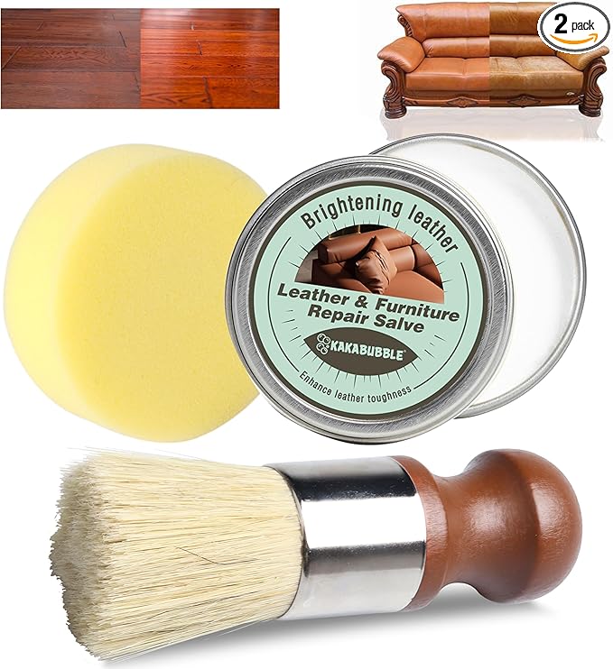 Furniture Salve for Leather & Wood with Boar Bristle Brush, All-in-One Leather Conditioner, Wood Polish & Multi-Surface Restorer for Furniture, Upholstery & Car Vinyl (1)