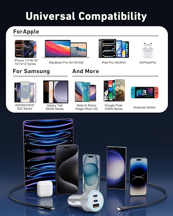 67W 3-Port Super Fast Type C Car Charger USB C for iPhone 17/Air/16/16e/15 Pro Max, Samsung Galaxy S25 S24 S23, Pixel, Android, Car Adapter Accessories for Men Women + 3FT USB-C Cable Silver