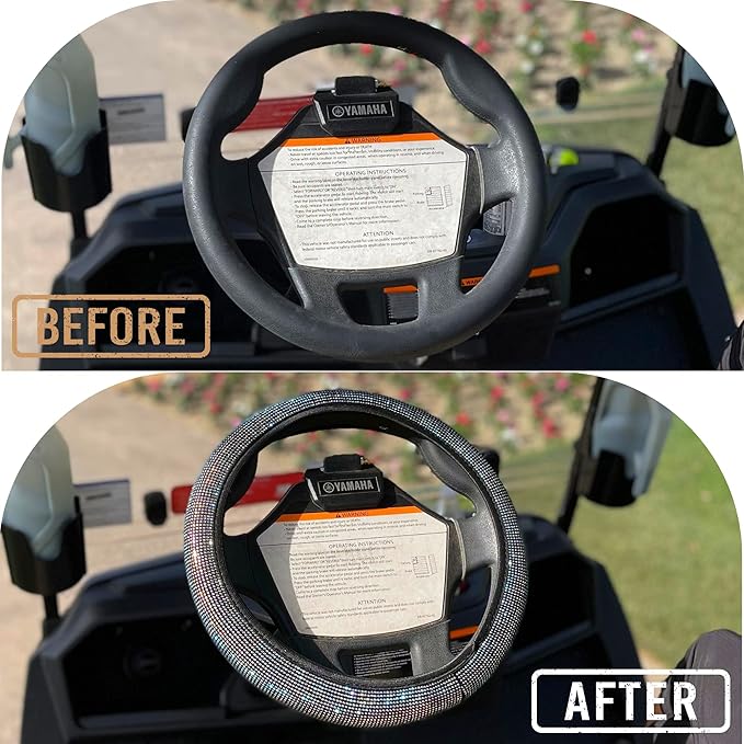 Universal Colorful Bling Crystal Diamond Rhinestones Golf Cart Steering Wheel Cover fits Club Car, Yahama, EZGO, Anti Slip Cover Easy to Install, Great Gifts for Golfer Women Womens (White Diamond)