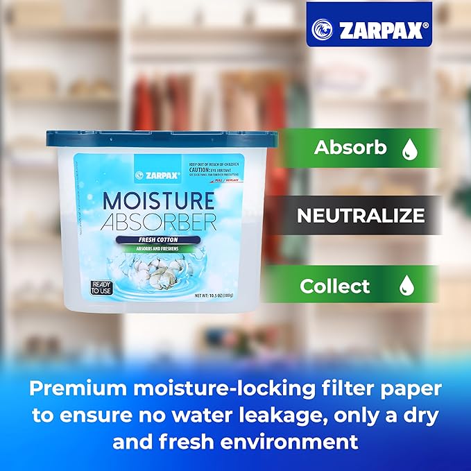 ZARPAX Moisture Absorber Fresh Cotton 10.5 oz/300g | Removes Moisture, Damp & Humidity | Odor Absorber With Fresh Cotton Fragrance | Moisture Trap for Bathroom, Closet, Kitchen | Set of 6