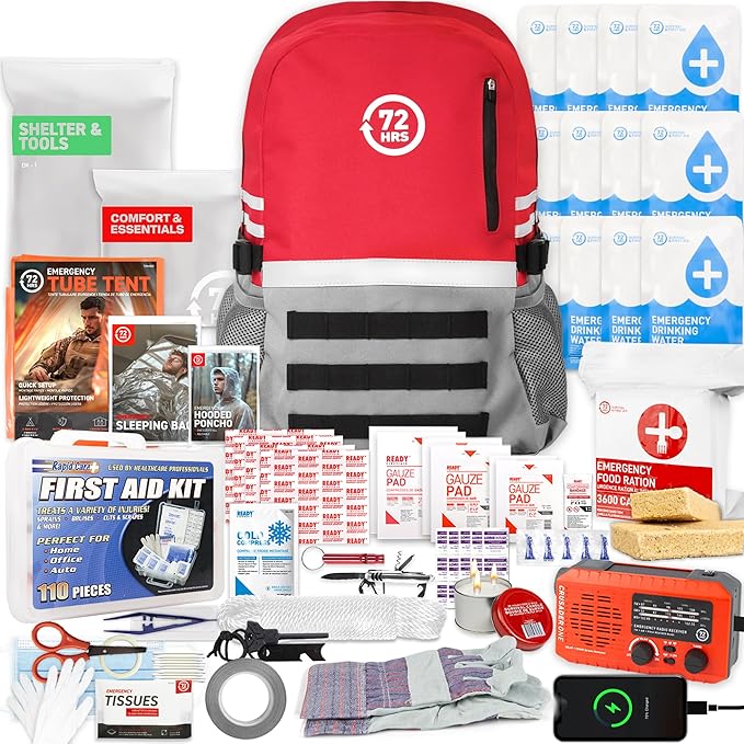 72 HRS Deluxe Emergency Survival Kit - Heavy Duty 72 Hour Bag Survival Kit for Earthquake, Hurricane, Tsunami, Winter, Blackout - Includes Emergency First Aid Kit, Water, Food