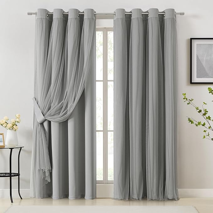 Bujasso Grey 90% Blackout Curtains with Sheer Overlay Mix and Match Double Layer Window Curtains Thermal Insulated 102 inch for Living Room Bedroom Gray Drapes with Tiebacks Grommet Top 54" Wx102 Lx2