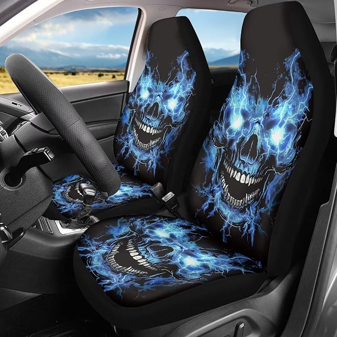 Blue Flame Skull Car Front Seat Covers Soft Car Seat Cover Easy Installation Breathable Front Seat Cover Protection Interior Accessories Universal for Auto Truck Van SUV 2 Pcs