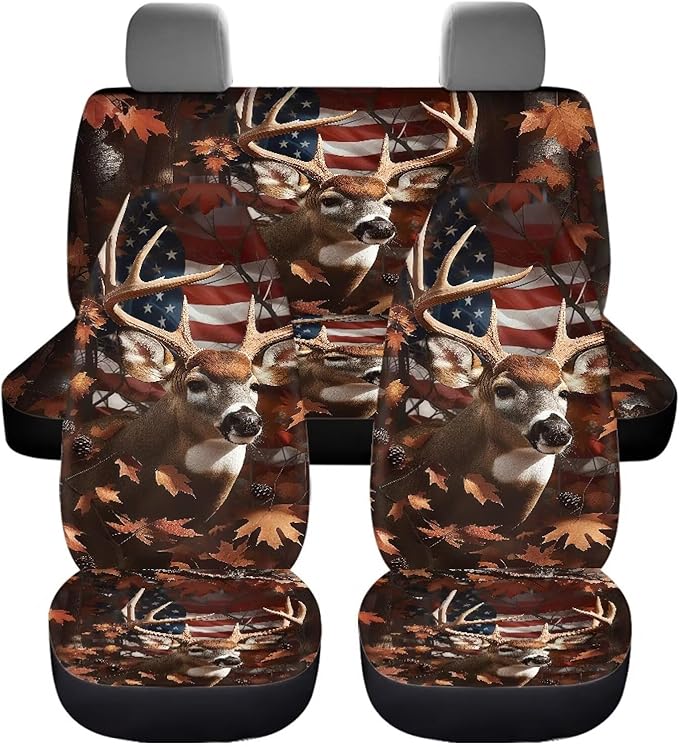 KEIAHUAN American Flag Deer Car Seat Covers for SUV/Sedan/Truck/Van Universal Fit Front and Rear Split Bench Seat Cover Set Soft and Stretchy Auto Interior Accessories Decoration