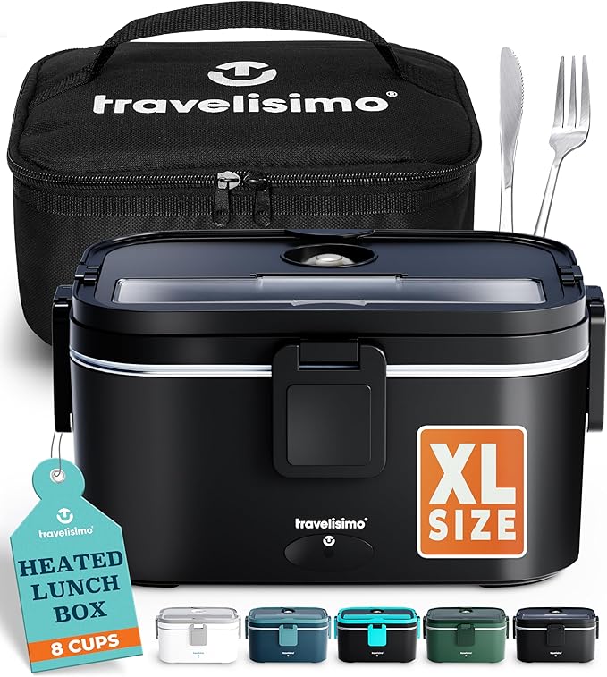 TRAVELISIMO Extra-Large Electric Lunch Box For Adults Holds up to 8 Cups - 100W Heated Lunch Box For Men 1.8L, Portable Food Warmer for Travel & Work, Loncheras Electricas Para Calentar Almuerzo