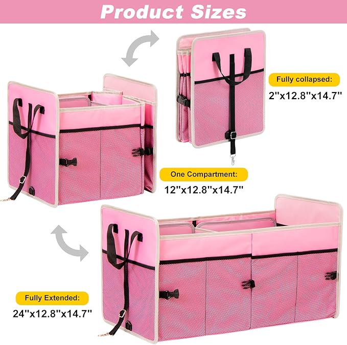 Car Trunk Organizer with Individual Cooler Bag - 2 Compartment Collapsible Car Storage for SUV (Pink)