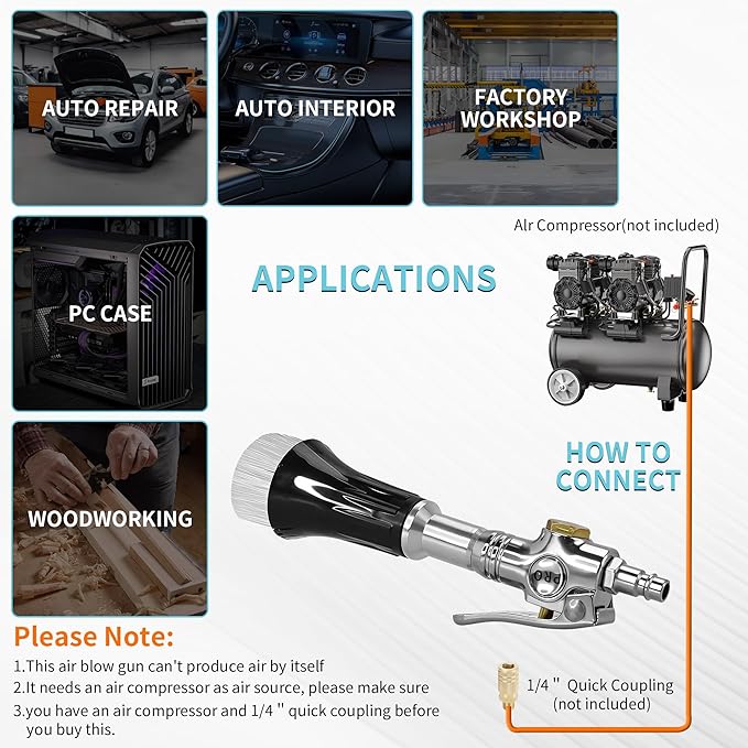 GOCCIDA Mini Tornado Air Gun with Detachable Brush,Vortex Cleaning Gun Trumpet Head High Pressure Dryer Blow Gun,Car Cleaning Air Gun Kit for Quickly Blasts Dirt