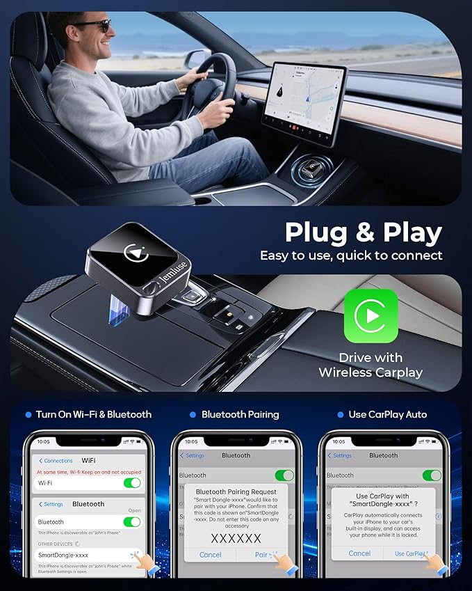 Jemluse Wireless CarPlay Adapter for Apple - Mini Size, Fast Stable Connection Convert Wired to Wireless Car Play Dongle for iPhone iOS 10+, Plug & Play for Cars from 2016+ w/USB-C (Grey)
