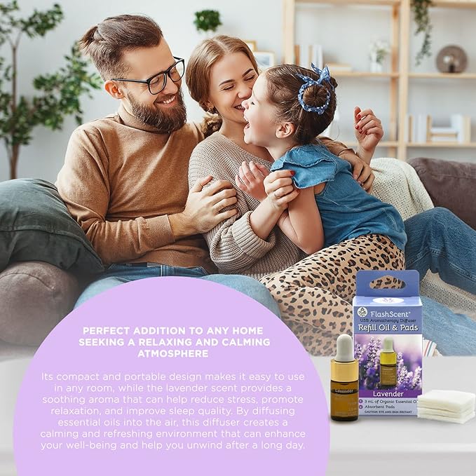 FlashScent USB Aromatherapy Essential Oil Diffuser for Home, Work, Car Refill Kit - Includes 2.5mL Bottle of 100% Pure Lavender Essential Oil and 4 Scent Pads for Our USB Diffuser