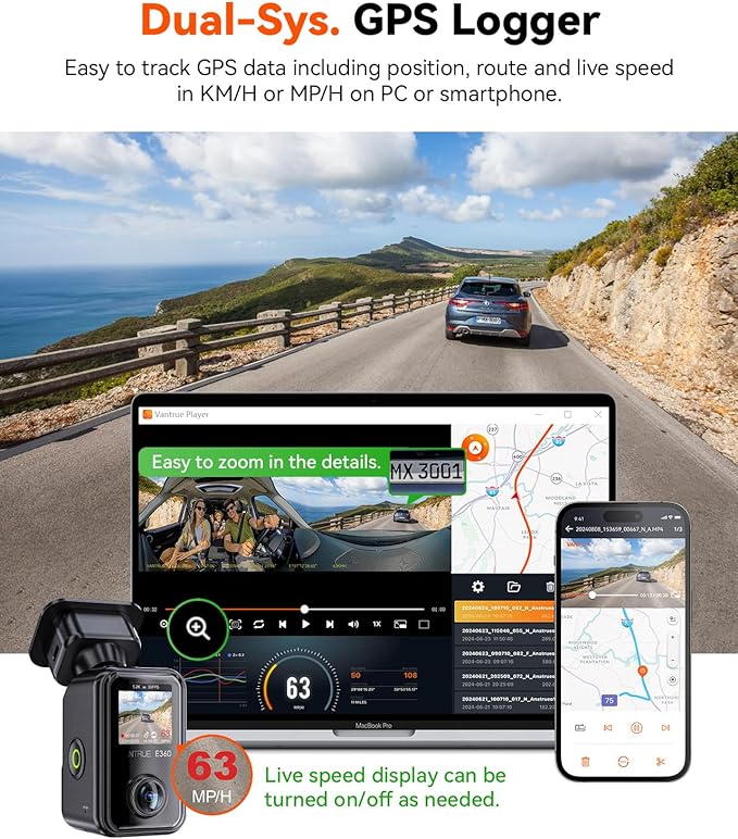 Vantrue E360 ACE All Channel Dash Cam, 585°, STARVIS 2, Front Inside Rear Full Coverage Dashcam with Selfie Stick Tripod, Fisheye, Dual IR Night Vision, Action Camera, Voice Control, GPS, Support 1TB