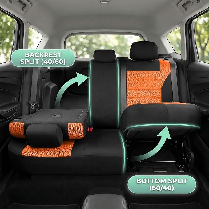 FH Group Automotive Car Seat Covers Full Set Premium 3D Air Mesh Front Seat Covers, Airbag Compatible & Split Bench Cover Universal Fit Interior Accessories for Cars Trucks and SUVs - Orange