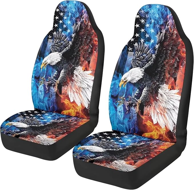 ELEQIN Smoke Eagle US Flag Car Front Seat Covers, 2 Pack Polyester Automotive Seat ProtectorsSoft & Breathable, Automotive Interior Accessories for Most Cars