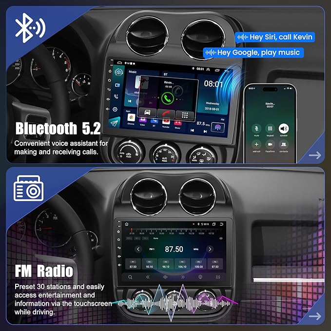 8 Core +64GB Car Radio for Jeep Compass Patriot 2010-2016,10.2 Inch QLED Touchscreen with Carplay&Android Auto,Support Bluetooth,Back-up Camera,FM Radio,SWC,GPS Navigation
