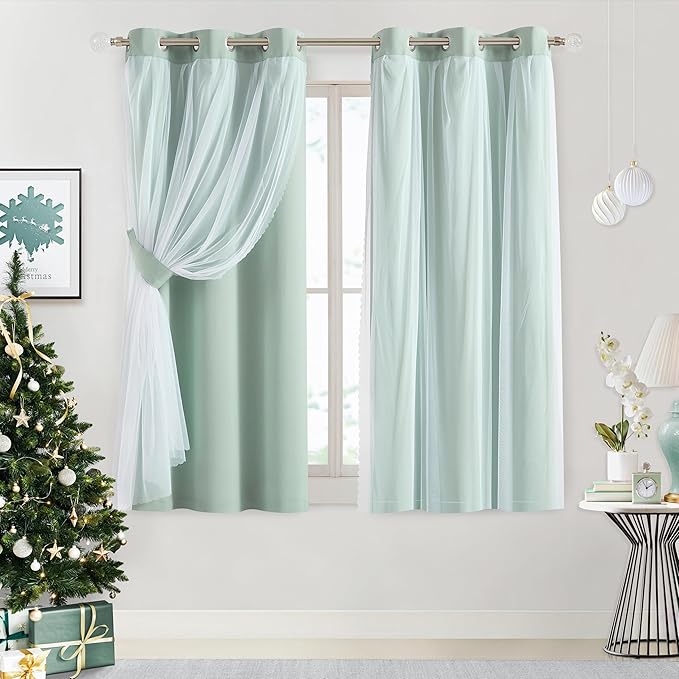 Bujasso Aqua 80% Blackout Curtains with Sheer Overlay Mix and Match Double Layer Thermal Insulated Window Panels 63 inch for Living Room Bedroom Mint Green Drapes with Tiebacks Grommet Top 37"Wx63"Lx2
