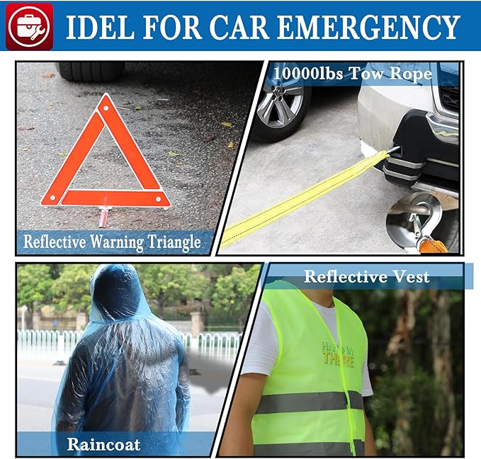 kewen Car Emergency Kit, Roadside Assistance Emergency Car Kit Jumper Cables, Road Trip Essentials, Auto Vehicle Car Safety Kit with Digital Air Compressor Tire Inflator, Reflective Warning Triangle