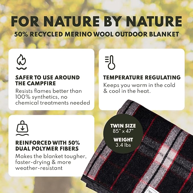 Woolly Mammoth Woolen Company Merino Wool Throw Blanket - 50% Wool Blanket - Insulated for Camping, Backpacking, Hiking, Stadiums - Essential Survival Gear for Car Kits (85" x 47" Magma Plaid)