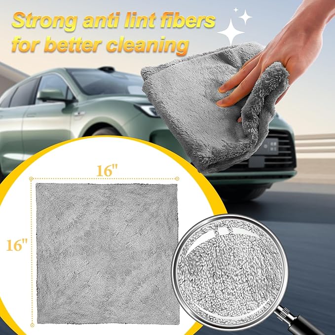 Car Wash Drying Towels, 450gsm Ultra-Thick Absorbent Lint-Free Extra Soft Microfiber Rags for Car Detailing, Interior & Exterior Cleaning Cloths, 16in x 16in - Coral Fleece, Blue+Yellow+Grey, 12 Packs