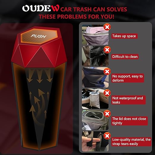 Car Trash Can with Lid - 1-Pack, Interior Accessories for Vehicles, Leakproof Garbage Can with 15 Detachable Trash Bags, Multipurpose Organizers and Storage Solutions for Home and Office