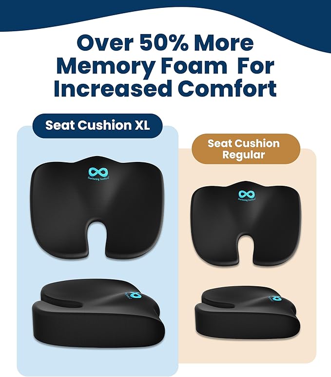 Everlasting Comfort Doctor Recommended Memory Foam Seat Cushion for Office Chairs & Car - Ergonomic Office Desk Accessories - Cushions for Tailbone Pain Relief, Sciatica (Black, XX-Large)