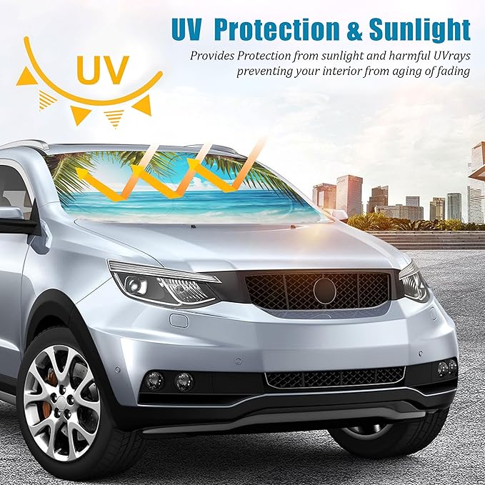 Beach Palm Car Windshield Sun Shade Foldable Sunshade Front Window Cover Sun Visor Protector Accessories (59x27.5 inches)