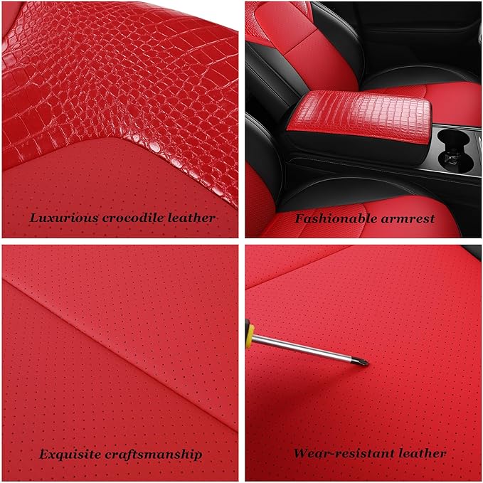 Red Rain for 2020-2024 Tesla Model Y Seat Cover Crocodile Leather Red and Black Auto Seat Cover Interior Accessories (ModelY-Red+Black-2020/2024)