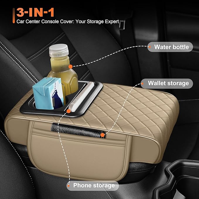 Center Console Cover Fit for Kia Sorento 2003-2025 with 2 Storage Bags Waterproof Leather Quilted Pattern Car Armrest Cover Cushion Elevating Pad Anti-Slip(Beige)