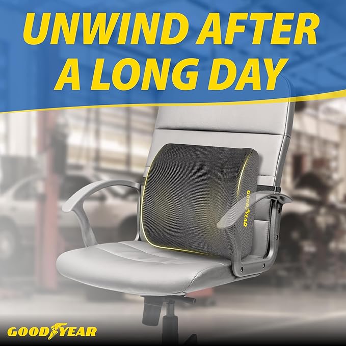 Goodyear Ergonomic Lumbar Support Pillow for Office Chair, Gaming Chair, or Car, Memory Foam Cushion with Ventilated Mesh and Adjustable Strap for Long Lasting Comfort