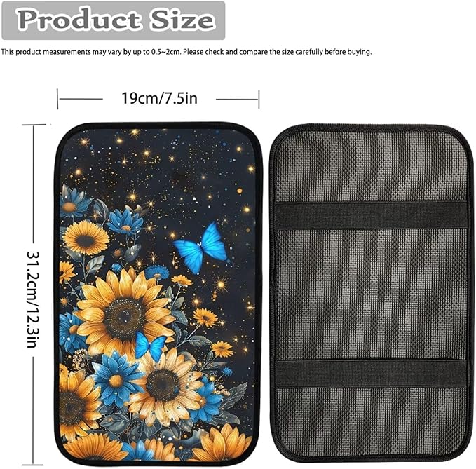 Dreaweet Car Center Console Cover Sunflower Butterfly Print Car Accessories for Women Universal Armrest Cover for Car Center Console,Car Armrest Seat Box Cover Protector,Black