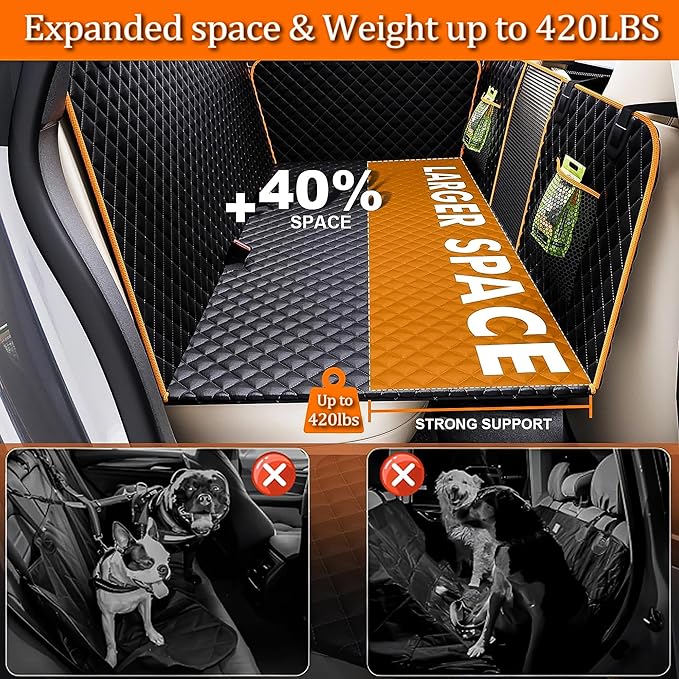 Back Seat Extender for Dogs - Large Space, Waterproof Hard-Bottom Dog Car Seat Cover for Back Seat, Holds 420lbs, Upgraded Material Waterproof Pet Car Bed Dog Hammock for Car, SUV(Gray Orange)