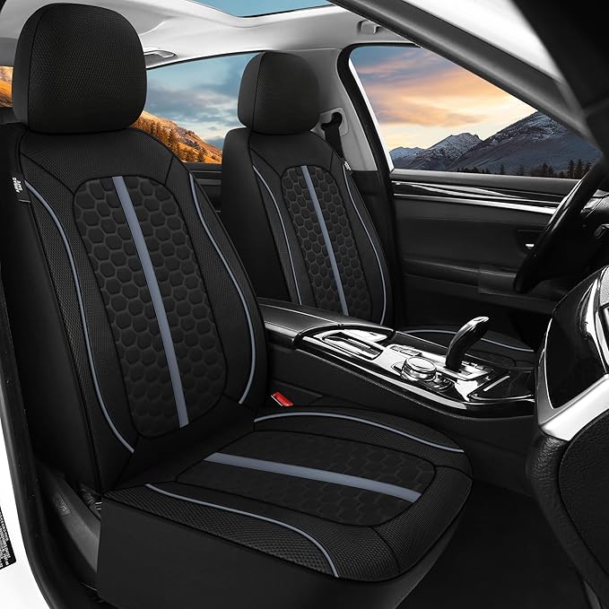 Breathable Premium Car Seat Covers Front Set，3D Air-Mesh Seat Covers for Cars，Comfortable Safety Airbag Compatible，Universal for Most Cars Sedan Truck SUV(Black/Gray)