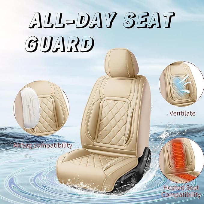 Fit Tucson Car Seat Covers Compatible with Hyundai Tucson 2010-2026, Premium Leather Breathable, Wear Resistant, Airbag Compatible, All-Weather Protection & Full Coverage, 2 Front Seat Beige