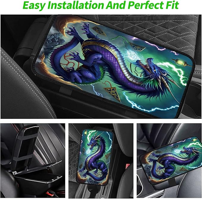 Car Armrest Cover Pads Universal Fashion Cute Auto Center Console Armrest Cover Pad with 2PCS Car Coasters Soft Waterproof Car Armrest Seat Protector for Women Girls, Blue Dragon