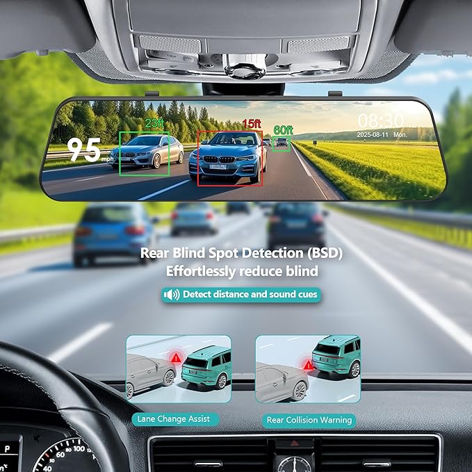 12" 3 Channel 4K Mirror Dash Cam, Sony STARVIS 2 IMX675 Night Vision, BSD Blind Spot Detection, 4K+1080P+2.5K Front Inside Rear View Camera, 5.8GHz WiFi, 24H Parking Mode, 128G Card