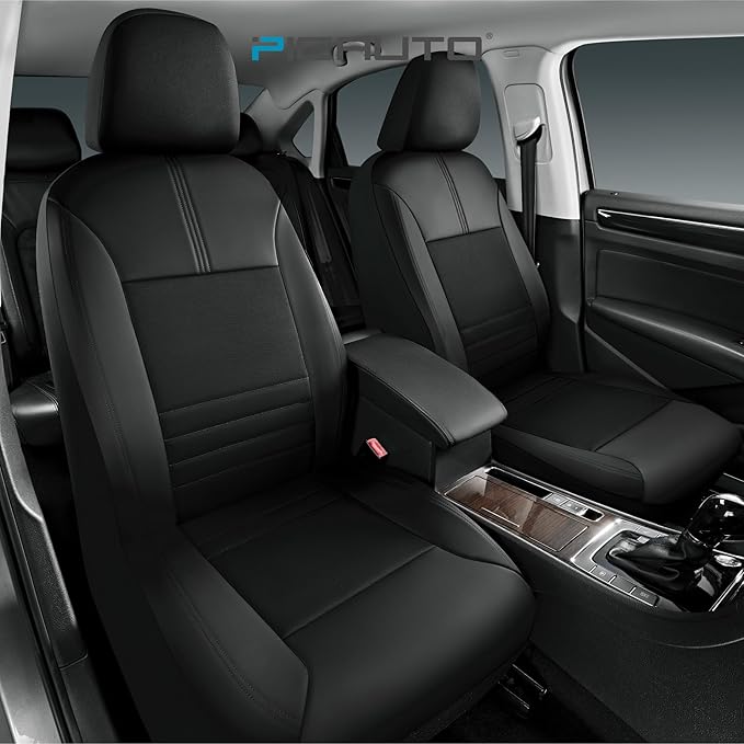 PIC AUTO Car Seat Cover, Premium Leather & Breathable Mesh Design, Front & Rear Full Set Bucket Seat Covers, Universal Fit for Cars, Trucks, Vans, SUVs, Airbag Compatible (Black)