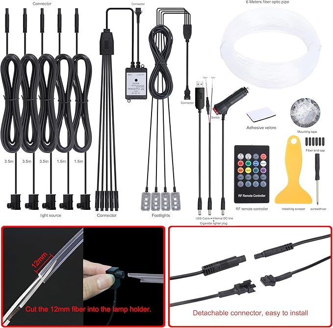 6 m Optic Fiber Car Ambient Lighting Kit RF Remote Control 64 Colors Multicoloured Music Interior Footwell Lighting Kit 12V 1W