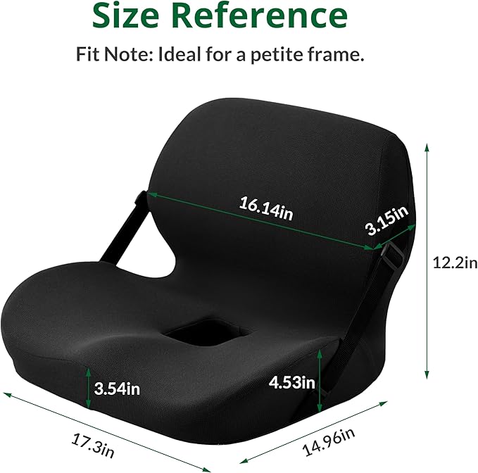 Memory Foam L-Shaped Seat Cushion with Lumbar Support & Adjustable Strap - Tailbone Pain Relief for Office Chair, Car, Home - Non-Slip Bottom, Breathable Mesh Cover (Black)