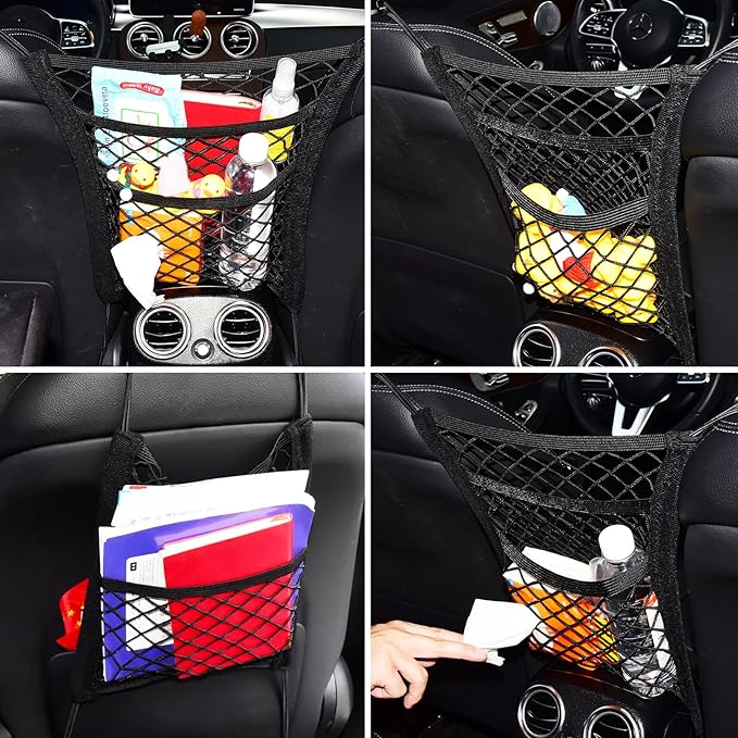 3-Layer Car Mesh Organizer Storage Between Front Seats Kid Dog Pet Net Barrier Car Net Pocket Elastic Tissue Purse Holder Netting for SUV, Van