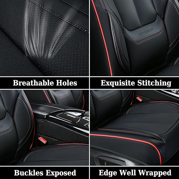 Coverado Universal Seat Covers Front, 2-Pack Universal Seat Covers for Cars, Waterproof Nappa Leather Car Seat Covers with Head Pillow, Auto Protectors Fit for Most Sedans Pick-up Truck-Black&Redline