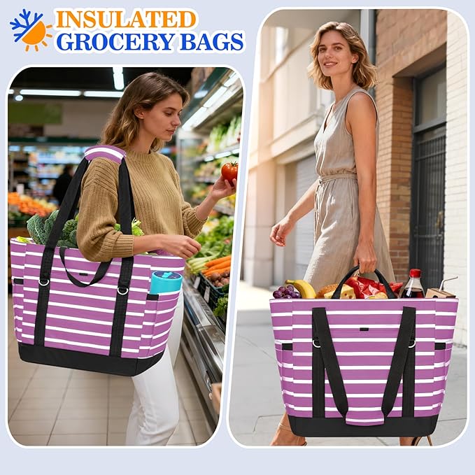 HUANLANG Soft Cooler Bag Insulated for Travel,Large Insulated Grocery Bags with Zippered Top,PEVA Collapsible Food Delivery Cooler Bag for Beach, Travel, Picnics