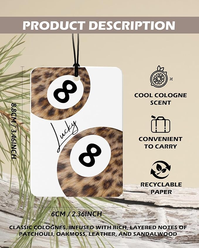Trendy Leopard Cologne Car Air Freshener 4 Pcs, Funky Cheetah Print Lucky 8 Ball Poker Dice Hanging Air Freshener for Cars Bathroom Dorm Books Decor, Cute Accessories Gifts for Women Girls