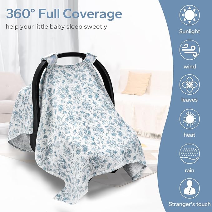 SERAPHY 100% Muslin Cotton Car Seat Covers for Babies - Universal, Breathable Canopies for Boys and Girls - Soft Summer Car Seat Cover - Blue Flowers