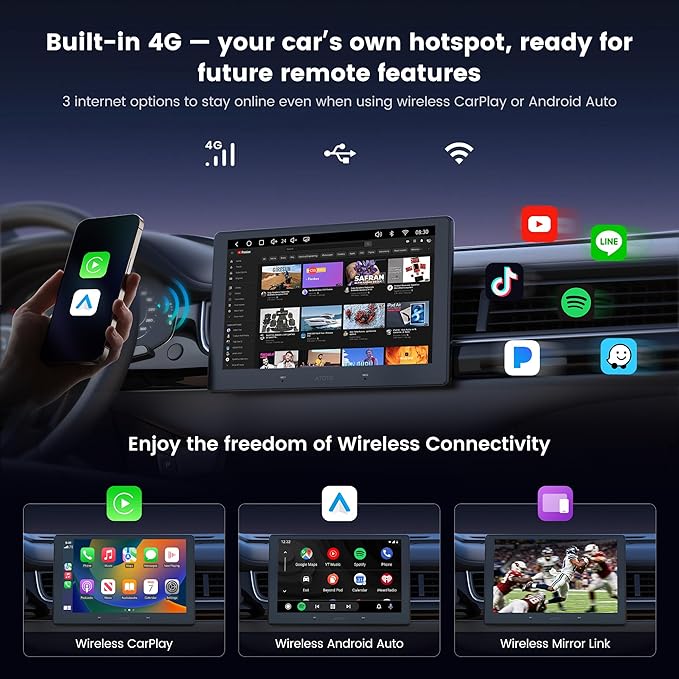 A7 10.1" QLED Android Double Din Car Stereo, 4G LTE/Wi-Fi/USB, SPDIF/DSP/4V RCA, Wireless Android Auto & CarPlay, AI DriveChat, HDMI-in/Out, GPS Tracking & Parking Monitor, S8 Gen4