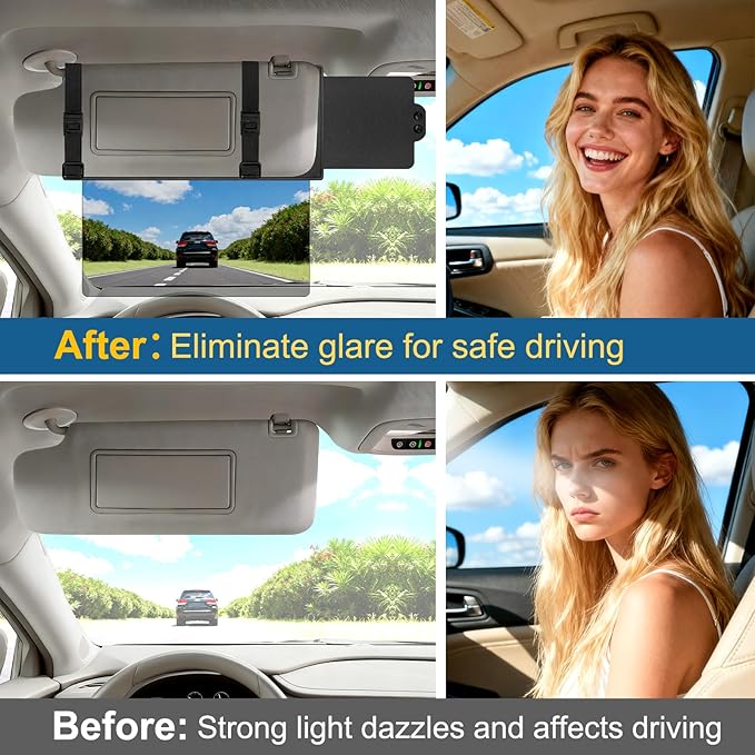 Veharvim Polarized Sun Visor Extender, Upgraded UV400 Car Sun Visor Extension with PC Lens and Side Sunshade,Anti-Glare Visor for Safe Driving,UV-Filtering (No Zipper, Driver Side+Passenger Side)