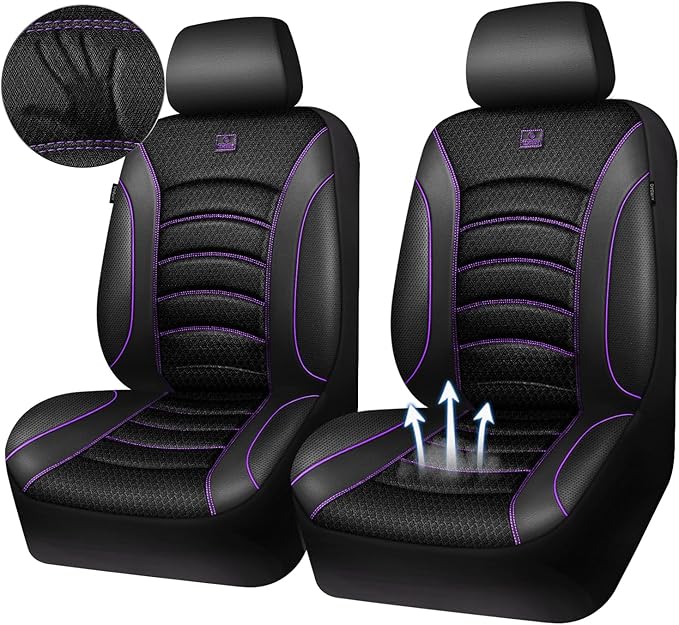 CAR PASS Comfortable 3D Foam Mesh Leather Car Seat Covers Front, Air Cool Mesh Breathable Front Seat Covers for Car, Universal for SUV Truck Sedan Automotive, Airbag Compatible,Black Purple