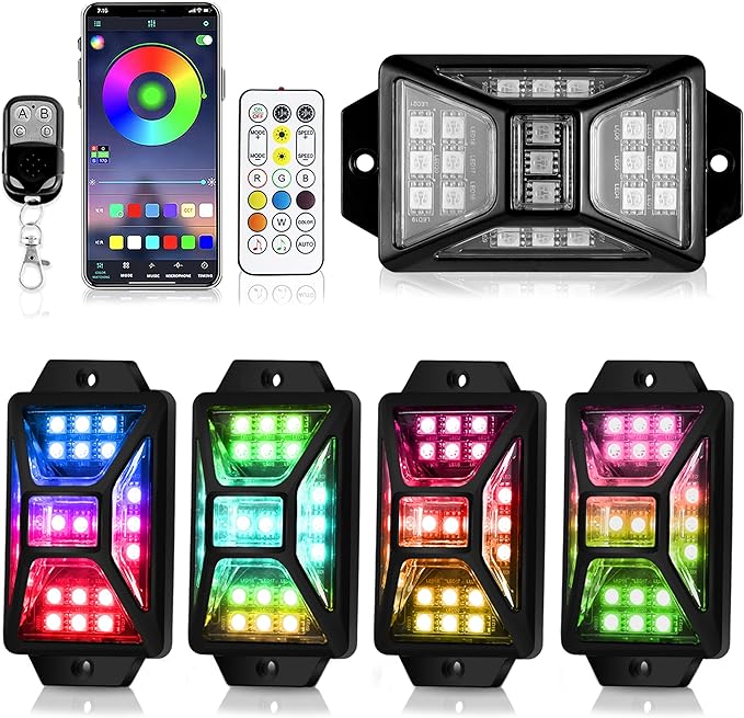 4 Pods Full Angle RGB Rock Lights Compatible with 12V Trucks Jeep UTV SUV ATV Boat Golf Cart, Waterproof Multi-Color, App/Remote Control Led Rock Lights with Music Mode(Patented)