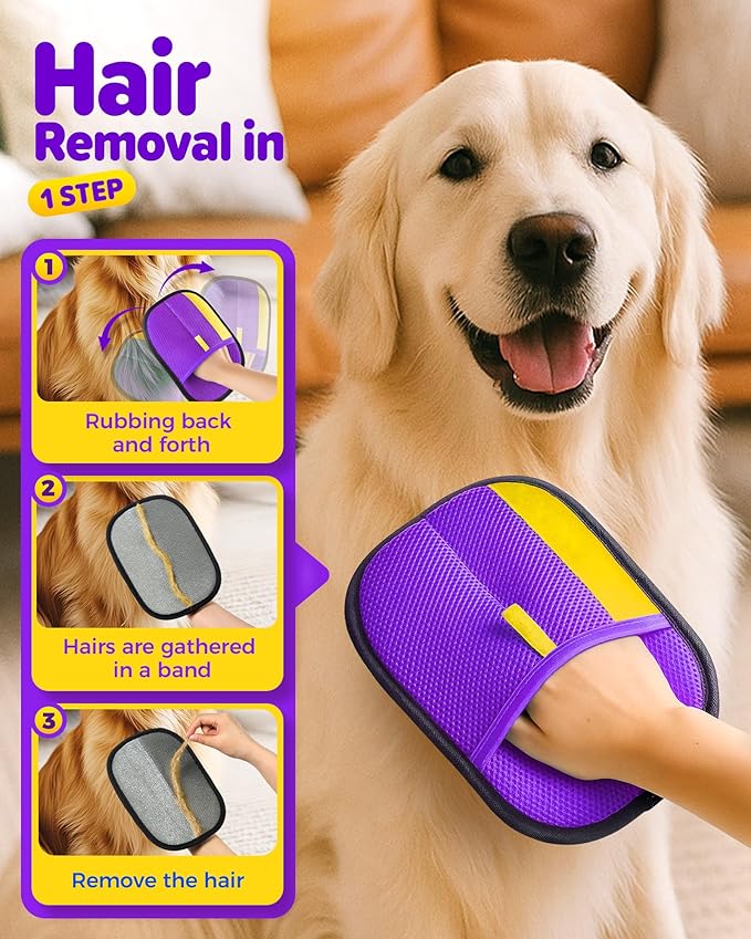 2026 Thickened Electrostatic Pet Hair Removal Gloves (2 Pcs) - Reusable Strong Grooming Gloves for Cats & Dogs, Hair Remover Gloves for Couch, Furniture, Carpet, Car Seats & Clothing Purple