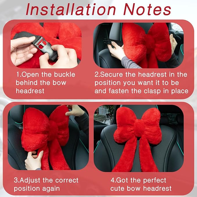Macarrie 2 Pcs Car Neck Pillow Plush Butterfly Bow Car Headrest Pillow Comfortable Seat Neck Support Cute Head Rest Accessories for Driving Travel Driver Chair Girl Style Interior Decor (Red)